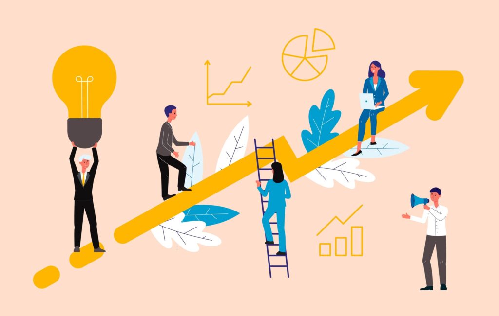 business coaching concept with people on rising arrow, flat vector illustration.